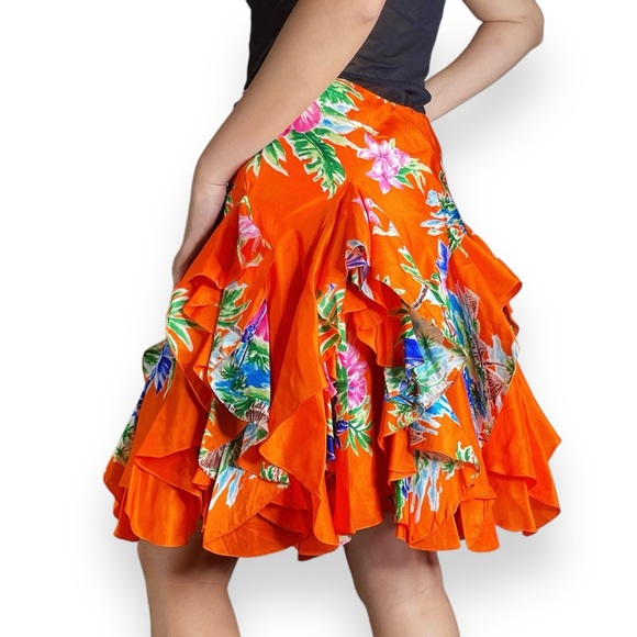 Vintage Ralph Lauren Layered Ruffle 100% Silk Tropical Floral Skirt Size 2 - Picture 1 of 16